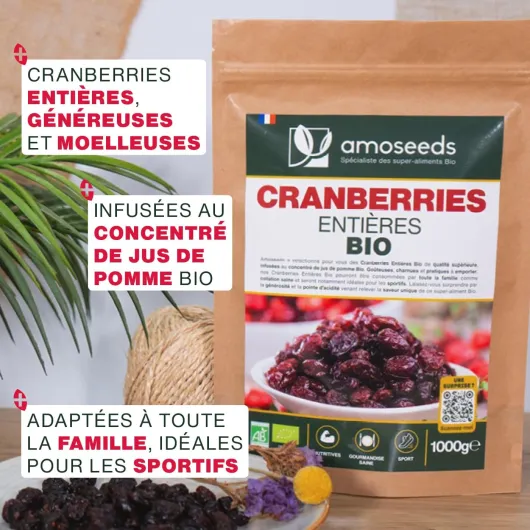 Cranberries Entières Bio 500G - Sans sucre ajouté, naturellement sucrées au jus de pomme - Qualité Supérieure 500 g (Lot de 1)