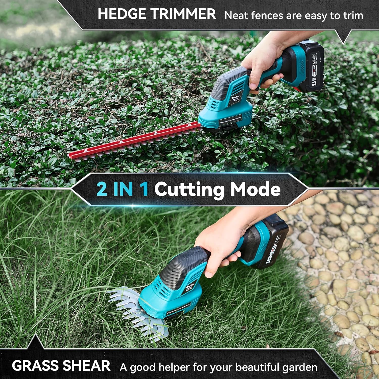 Taille-Haie à Batterie, 2 en 1 Taille-Haie Électrique sans Fil avec 1x4000mAh Batterie, Longueur de Coupe 30cm & 15cm, Fourreau de Protection, pour Haies, Rameaux Fins, Pelouses 2 in 1 Nouveau
