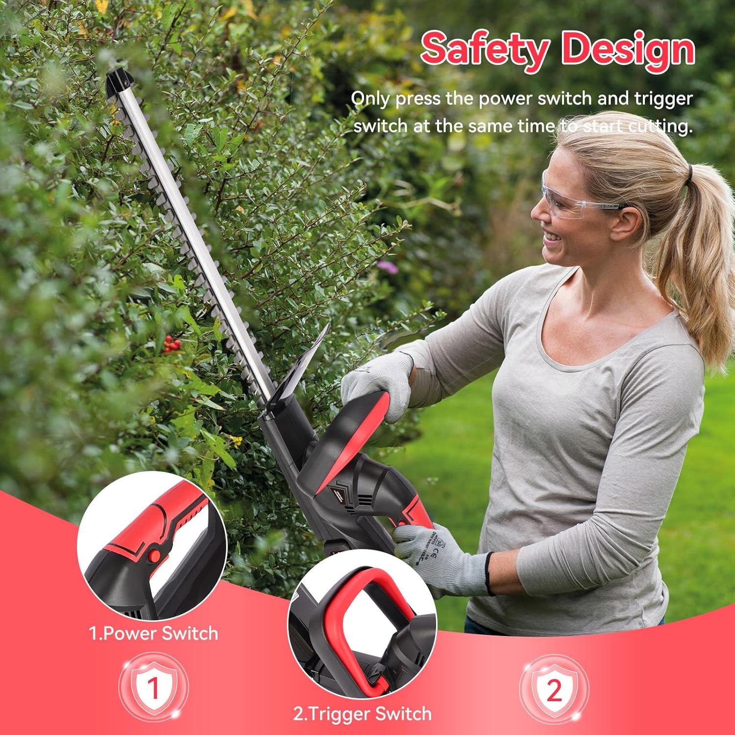 Taille Haie Batterie Taille-haie Electrique: Coupe Haie sans Fil avec Batterie 2000 mAh * 2, Double Lame de Coupe, Longueur de Coupe 480 mm,pour DéSherberger, éLaguer Les Arbres, Arbustes Rouge