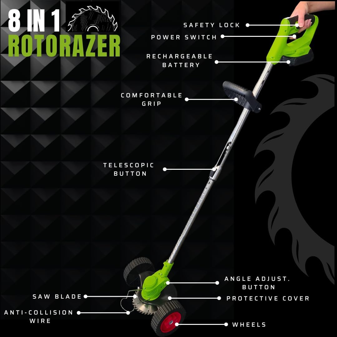 Rotorazer Débroussailleuse électrique 8 en 1, 2 batteries 21 V, coupe-bordures, tondeuse, coupe-gazon, divers accessoires, tête pivotante à 90° (tondeuse + 2 batteries + 3 lames) Mower + 2 batteries + 3 lames