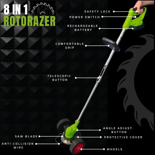 Rotorazer Débroussailleuse électrique 8 en 1, 2 batteries 21 V, coupe-bordures, tondeuse, coupe-gazon, divers accessoires, tête pivotante à 90° (tondeuse + 2 batteries + 3 lames) Mower + 2 batteries + 3 lames