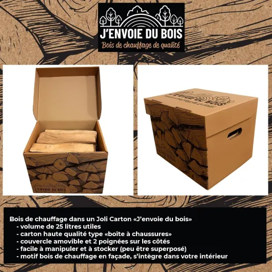 J'ENVOIE DU BOIS - Bois de Chauffage 30cm - Joli Carton de 25 litres - Bûches Extra sèches (étuvées) - Poêle, Insert cheminée, brasero, Barbecue, Four à Pizza - Mélange Bois durs (hêtre, chêne, frêne)