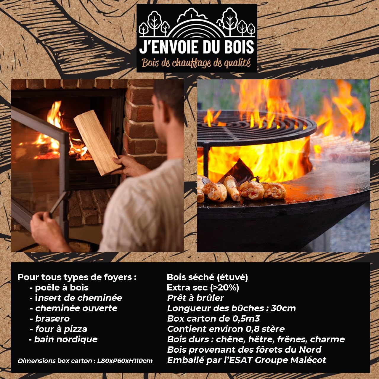 J'ENVOIE DU BOIS - Bois de Chauffage 30cm - Palette de 0,5m3 - Bûches Extra sèches (étuvées) - Poêle, Insert cheminée, brasero, Barbecue, Four à Pizza - Mélange Bois durs (hêtre, chêne, frêne)