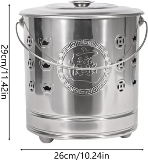 Brûleur à papier, foyer portable, cage en acier inoxydable avec couvercle, crochet et doublure sûre, pour patio, jardin, balcon, terrasse, plage, camping, cuisine, bois, ordures, feuilles, 26 x 26 x