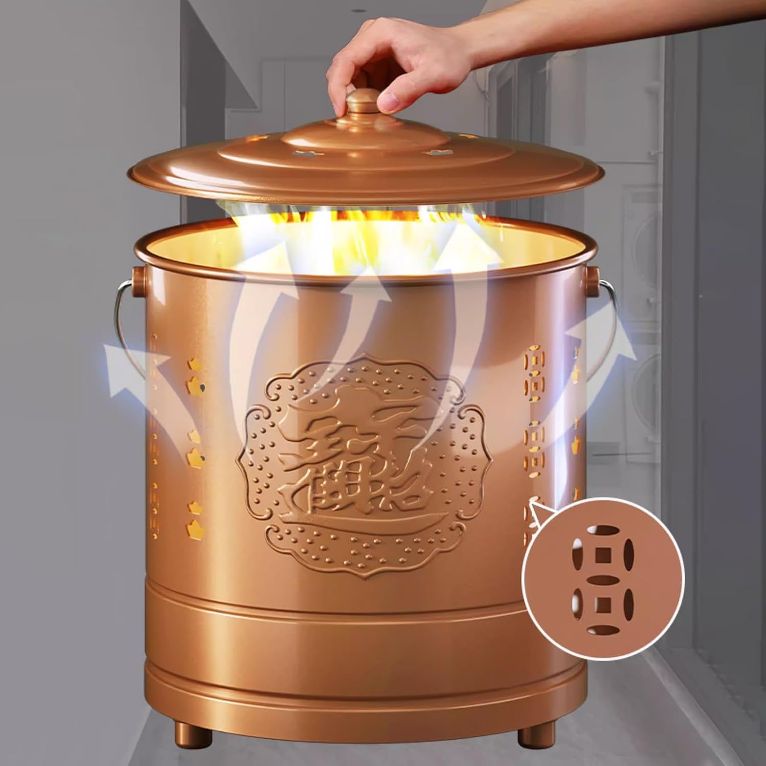 Récipient pour brûler du papier, des feuilles, du bois, des déchets, du jardin avec couvercle et crochet pour feux, tonneau résistant pour brûler du papier, des feuilles, du bois, des ordures, du