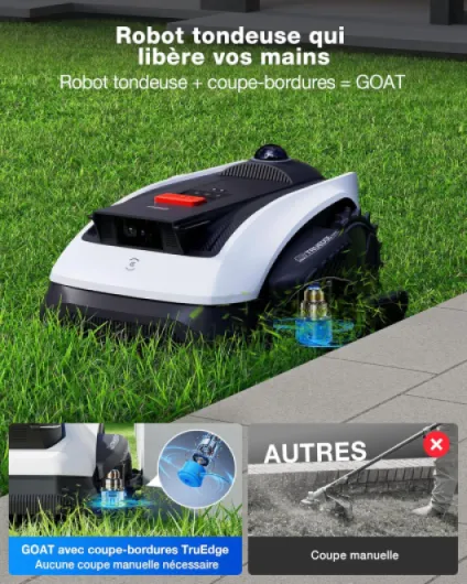 Goat O1200 LiDAR Pro Robot Tondeuse sans Fil, 1200 m²,° Navigation Dual-LiDAR 360°, Cartographie Auto, Évitement d'obstacles 3D par IA, Coupe Précise des Bords avec Le Coupe-Bordures TruEdge