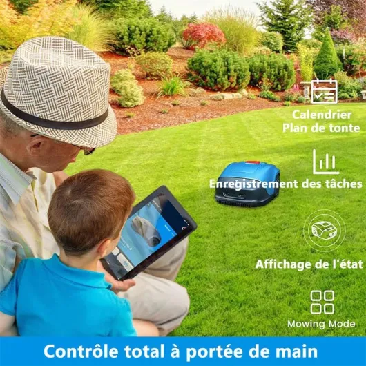 Tondeuse Robot Automatique avec Câble Périmétrique - Couverture 1000m², Hauteur Réglable 20-50 mm, Pente 33°, Contrôle par Application