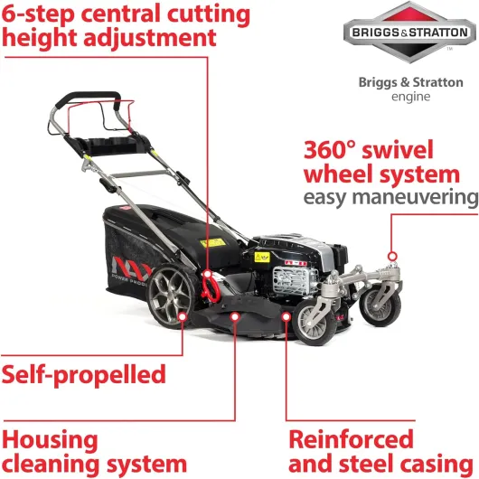 POWER PRODUCTS Briggs & Stratton 5000S Moteur 875Exi Série 190 cm3 ReadyStart Largeur de coupe 56 cm Panier 75L Roues pivotantes avant Tondeuse à gazon à traction à essence