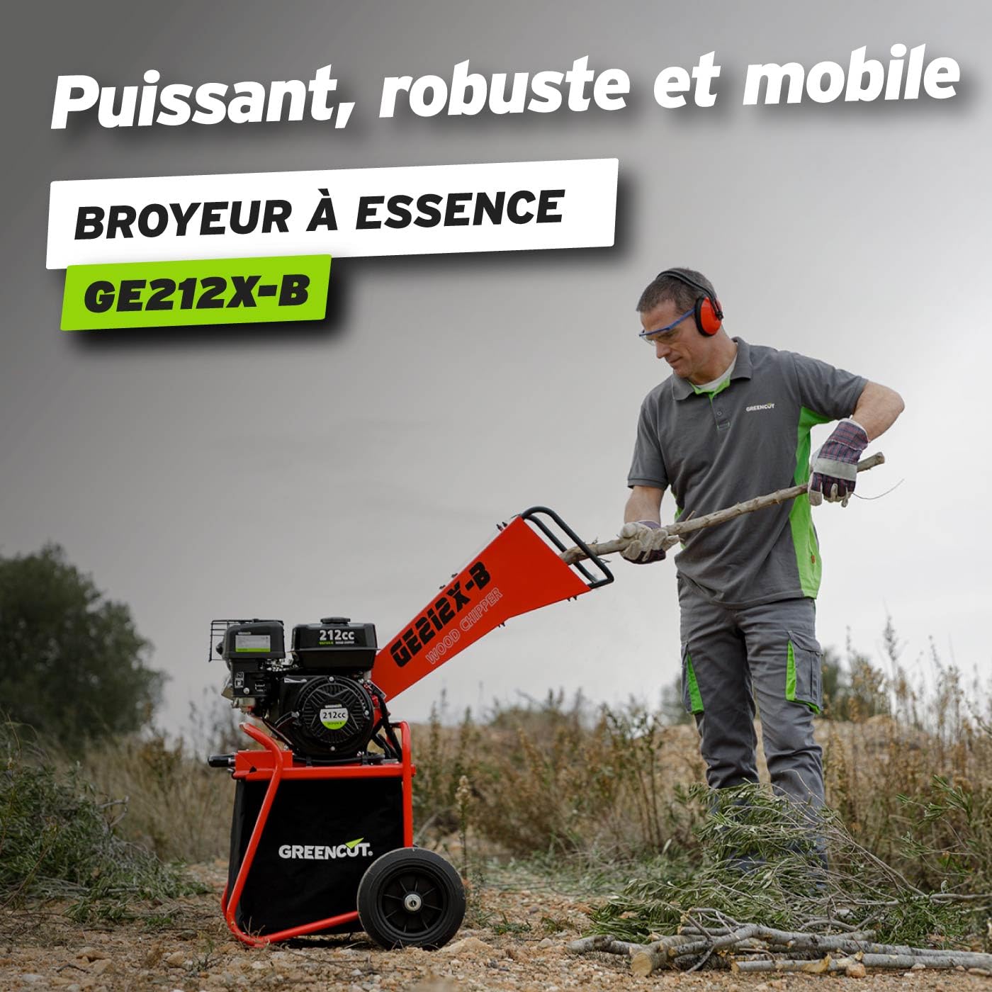 GE212X-B - Broyeur à essence 212 cm3 7 ch, broie des branches jusqu'à 50 mm, sac de 64 l inclus, avec roues et poignée de transport rouge