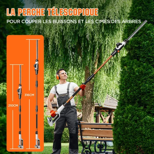 2-en-1 Élagueur sur Perche et Taille Haie sans Fil, Batterie 2,0 Ah, Lame de 47 cm, tête inclinable et Perche rallonge pour Une Coupe Facile(Hauteur Fixe) Telescopic with 2.0 Ah Battery