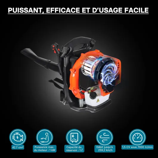 Souffleur de Feuilles à Dos – Moteur à Essence 2 Temps 1,7 CV – Éléments de Commande sur poignée – avec Buses – Souflleuse pour enlèvement Feuilles mortes Jardinage 1,7 PS avec réservoir de 1,2 L
