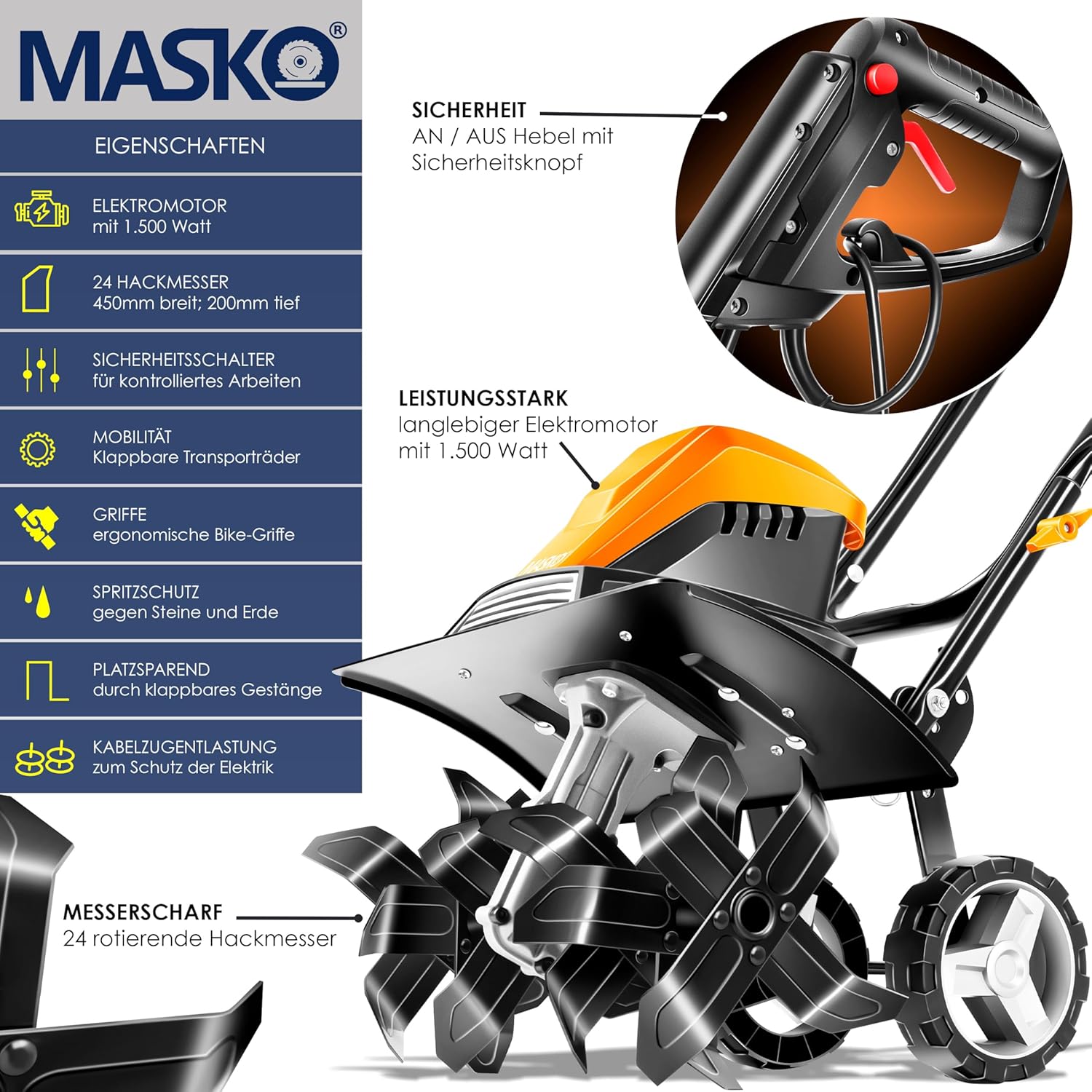 MASKO® Motobineuse électrique 1500 Watts - 45cm de Largeur de Travail, 20cm de Profondeur de Travail - Bineuse - Motoculteur à Fraise - Cultivateur - Fraiseuse de Jardin - Bineuse électrique, Orange Orange - 45cm