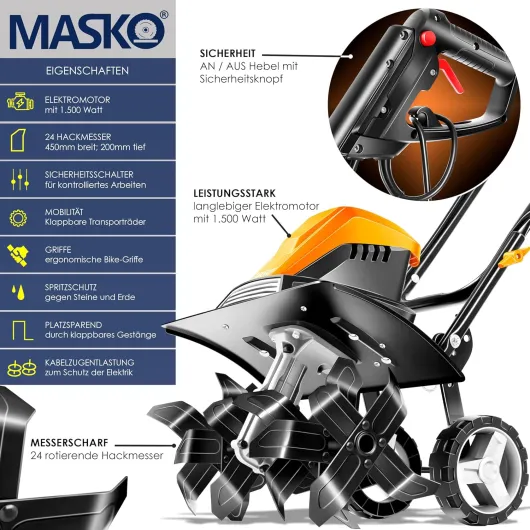 MASKO® Motobineuse électrique 1500 Watts - 45cm de Largeur de Travail, 20cm de Profondeur de Travail - Bineuse - Motoculteur à Fraise - Cultivateur - Fraiseuse de Jardin - Bineuse électrique, Orange Orange - 45cm