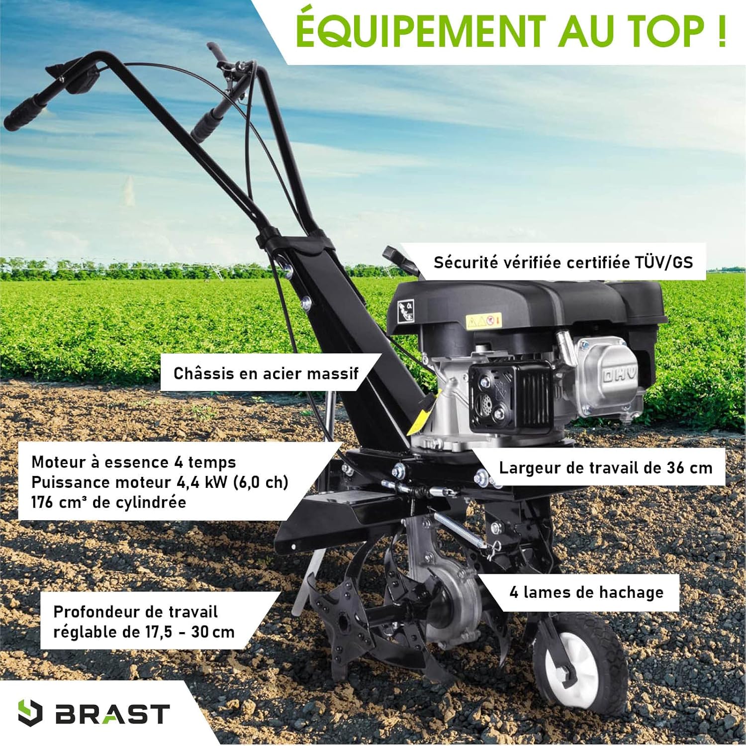 BRAST motobineuse thermique 176ccm 6CV 4,4kW largeur 36cm, profondeur 17,5-30cm 4 fraises autoconduite commutable vitesse nominale 3 600 tr/min motoculteur thermique 4 temps