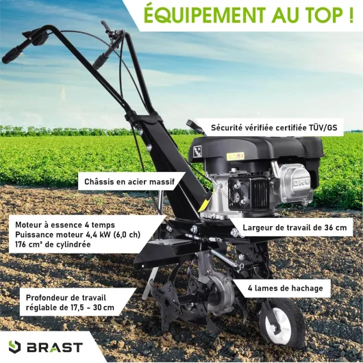 BRAST motobineuse thermique 176ccm 6CV 4,4kW largeur 36cm, profondeur 17,5-30cm 4 fraises autoconduite commutable vitesse nominale 3 600 tr/min motoculteur thermique 4 temps