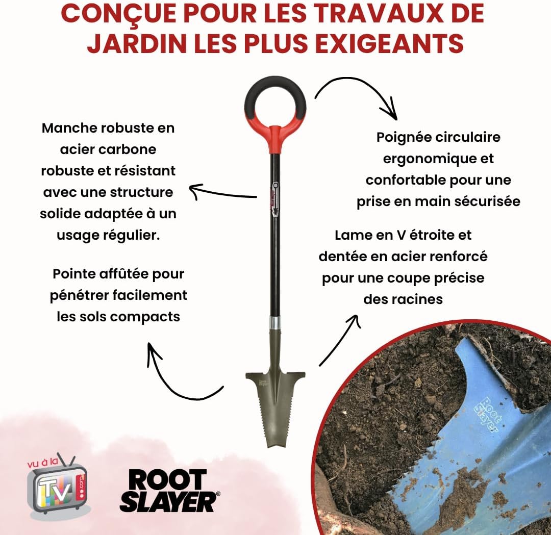 Bêche RootSlayer spécial massifs - Venteo - Rouge -Adulte -Dents Ultra-aiguisées en Acier, Ultra-résistante et légère