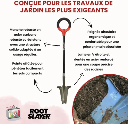 Bêche RootSlayer spécial massifs - Venteo - Rouge -Adulte -Dents Ultra-aiguisées en Acier, Ultra-résistante et légère