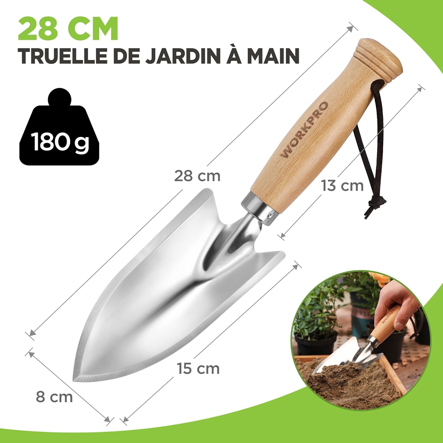 Truelle de Jardin 28 cm en Acier Inox, Pelle Jardinage à Main avec Manche en Bois, Outil de Jardinage Résistant pour Plantation, Désherbage et Rempotage