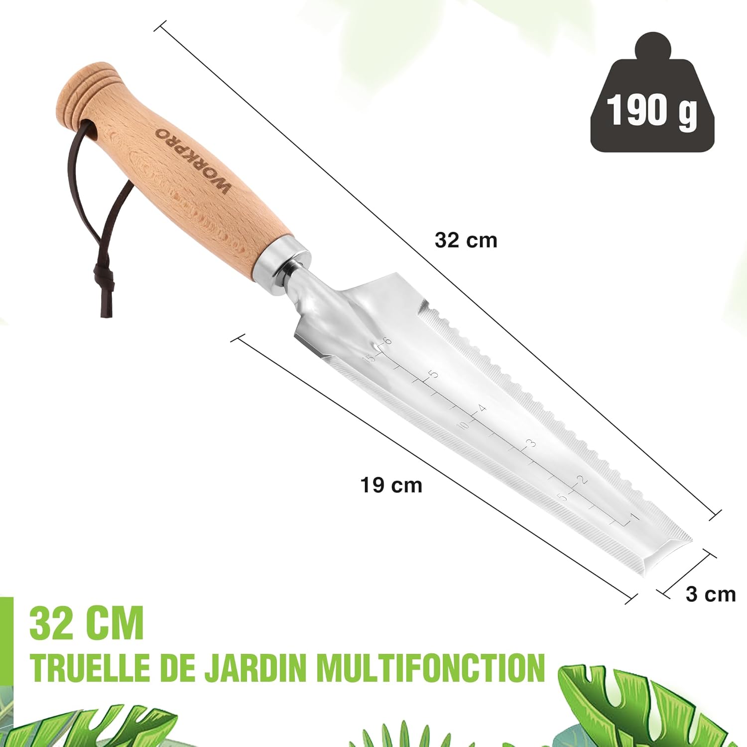Truelle de Jardin Multifonction Dentelée 32 cm en Acier Inox, Pelle de Jardinage à Main avec Manche en Bois, Outil de Jardinage Polyvalent pour Creuser, Désherber et Mesurer