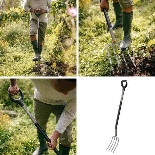 Fourche à bêcher pour sols durs et pierreux, Avec 4 dents, Longueur : 132 cm, Acier au bore de haute qualité, Gris/noir, Ergonomic, 1070679 Fourche à bêcher 132 cm