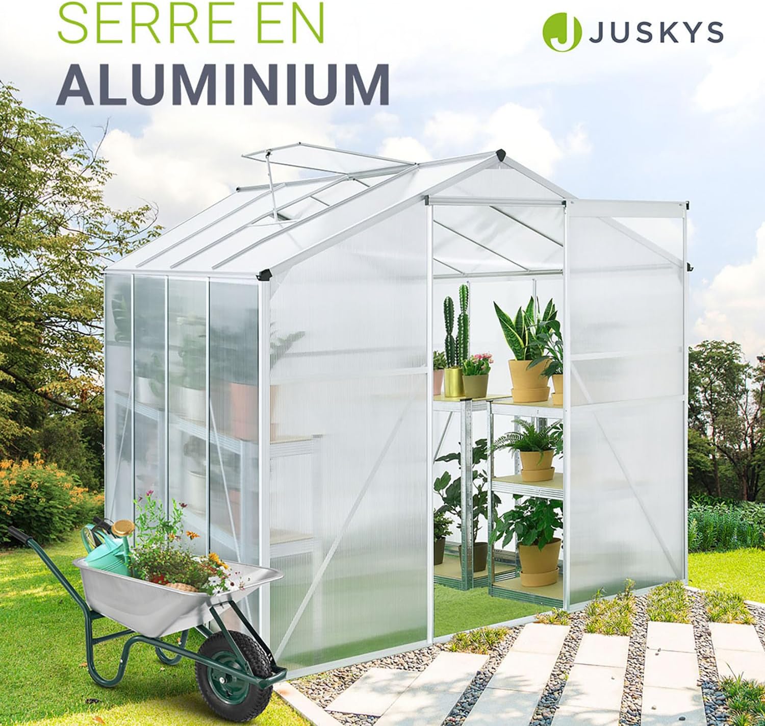 Serre en Aluminium avec fondations - 4,75 m² - 190 × 253 cm - 1 vasistas et Porte coulissante - Panneaux de 4 mm - Serre de Jardin