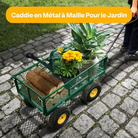 Chariot de Jardin Transport Camping, Capacité de Charge 400kg, Chariot Utilitaire Robuste Extérieur avec Pneus Côtés Amovibles en Maille Réglables Poignée Rotative Vert Vert 400kg