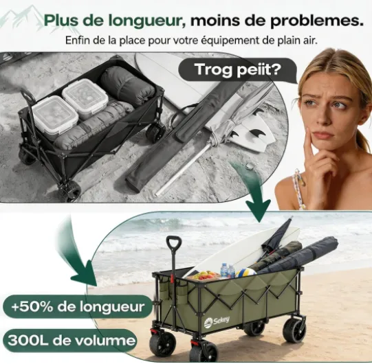 XXXL Chariot de Transport Pliable avec Freins 300L 200KG, Chariot de Plage Jardin avec Roues Extra Larges 17x10 cm, Pliable Breveté dans Quatre Directions SE4013, Vert Olive