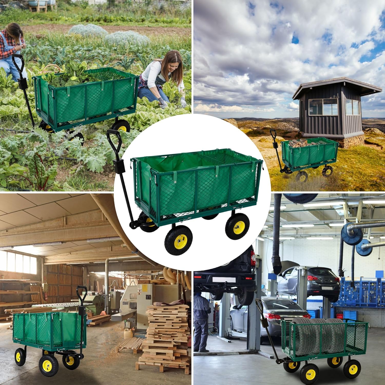 Chariot à Bras - Chariot de Jardin - avec pneus profilés - Charge Max - 550kg - Pliable - Vert - bâche Amovible - poignée et Timon Inclus - Chariot Plate-Forme