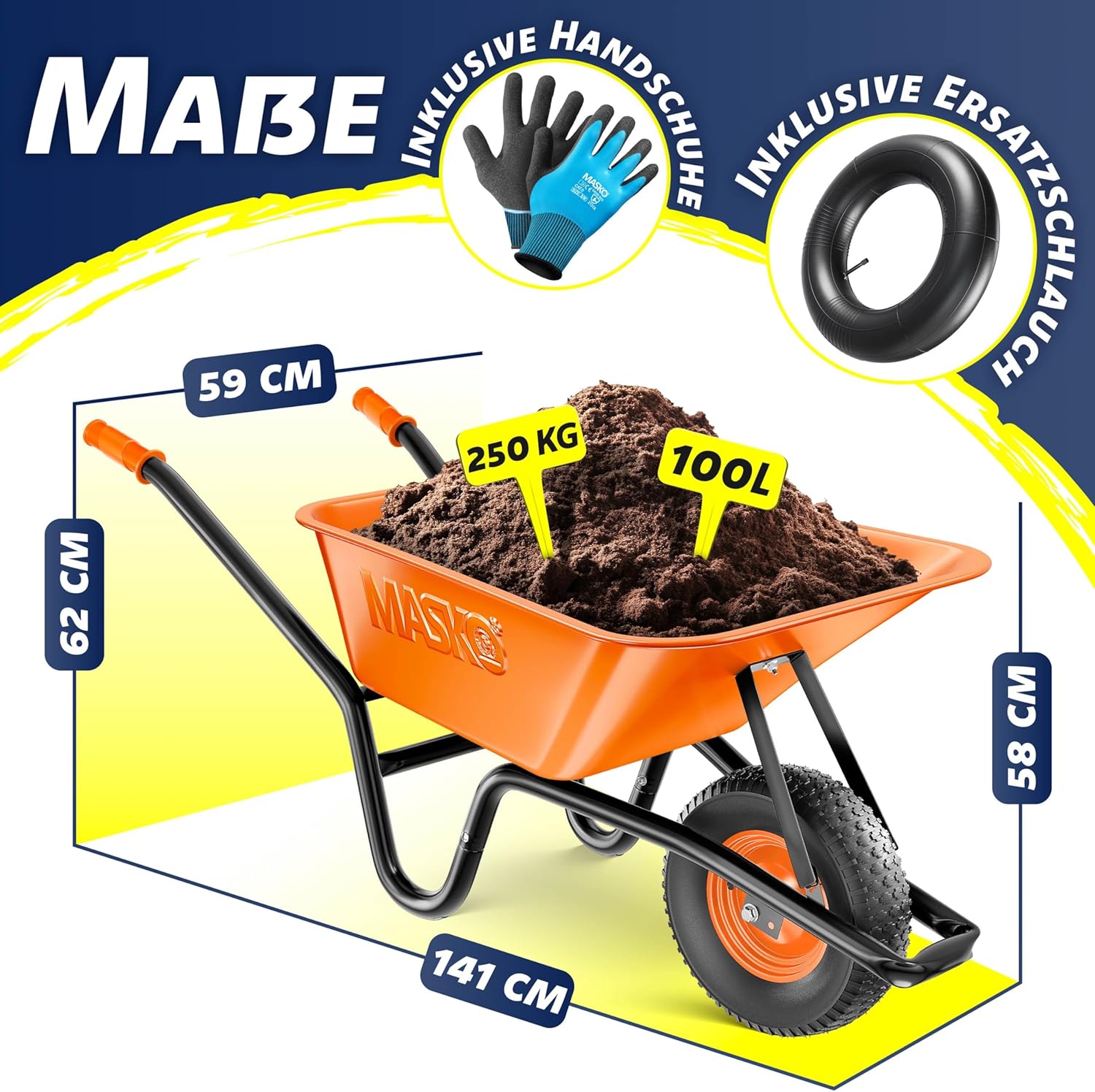 MASKO® Brouette - Capacité 100 litres - 250 kg - Pneus à air avec Jantes en Acier + Chambre à air de Rechange - Châssis en Acier galvanisé - Orange