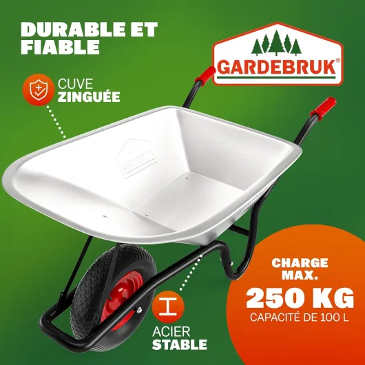 Brouette 100 l jusqu'à 250 kg Pneus avec jante en acier galvanisé Brouette de jardin