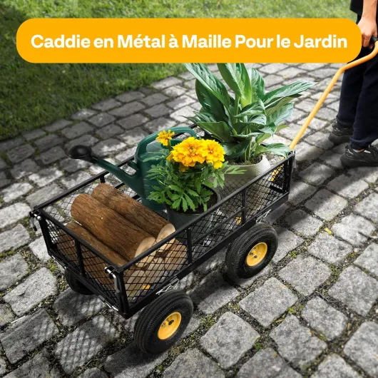Chariot de Jardin Transport Camping, Capacité de Charge 400kg, Chariot Utilitaire Robuste Extérieur avec Pneus Côtés Amovibles en Maille Réglables Poignée Rotative Noir Noir 400kg
