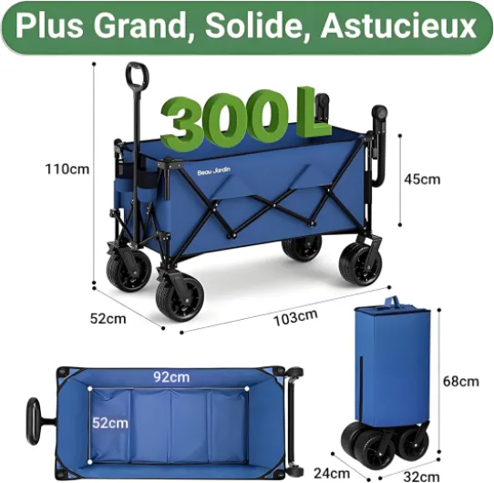 BEAU JARDIN Chariot de Jardinage avec Poignée Rétractable, Pliable Remorque de Transport, Chariot Pliable Capacité de 80KG - Bleu