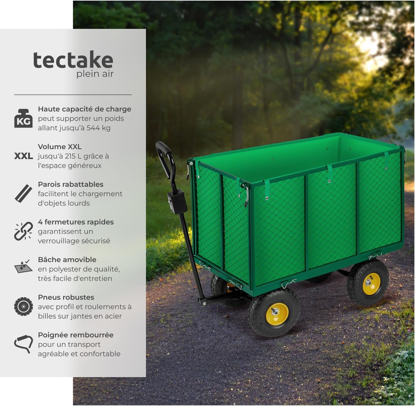 ® Chariot de Transport XXL Chariot à roulettes de Jardin Remorque à Main Charrette à Bras Capacité 544kg avec Parois latéraux rabattables & Bâche pour Bois de Chauffage Plage Pêche Camping 97,5 X 57,5 X 18 cm