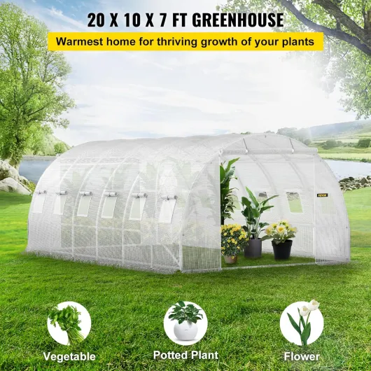 Serre Tunnel Jardin 6,1x3x2,1 m Tente Abri Plantes Cadre en Acier Galvanisé Couverture Étanche PE 3 Poutres Supérieures 4 Poteaux Diagonaux 2 Portes 12 Fenêtres pour Cultiver Légume Fleurs Blanc 6x3x2 m Blanc