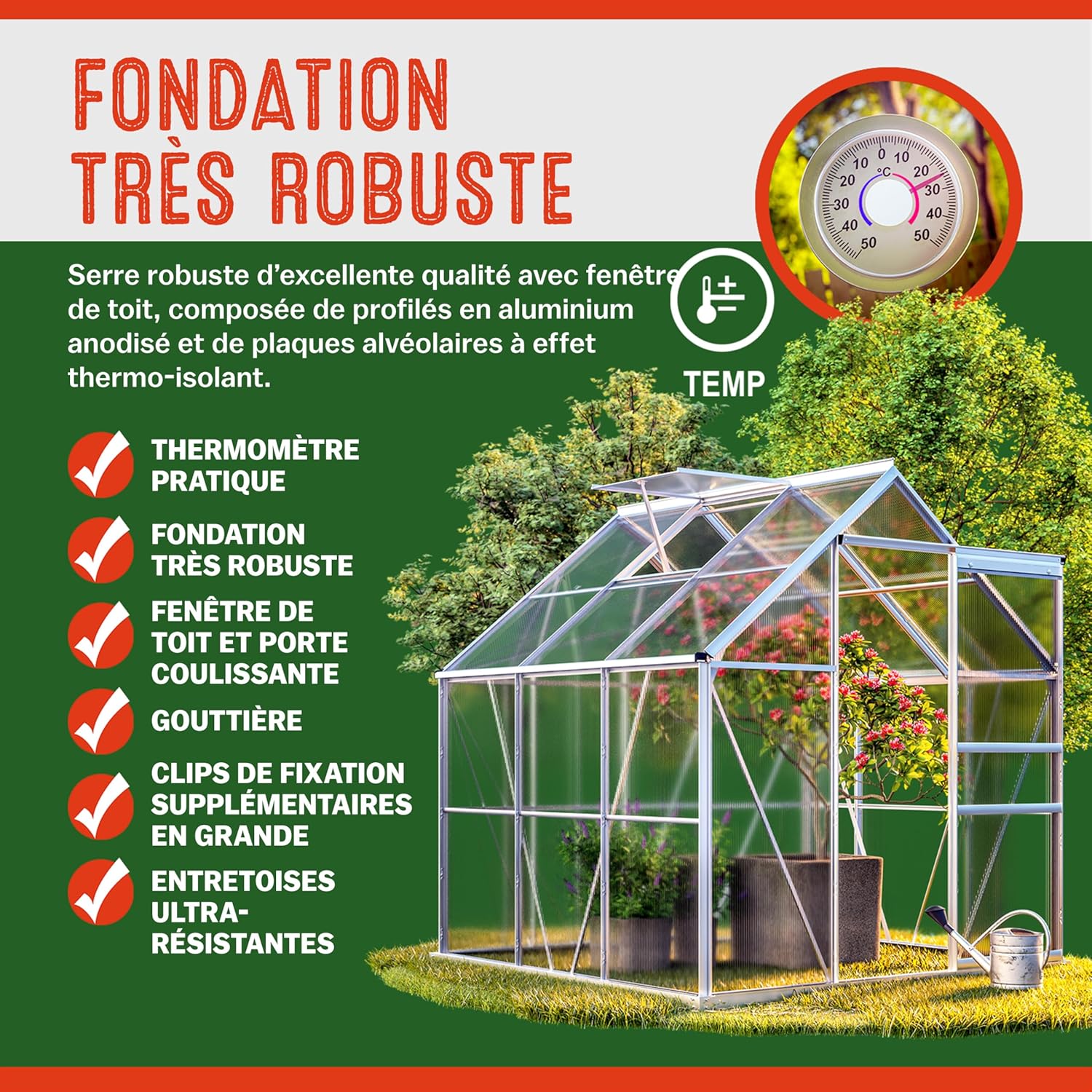 Serre de Jardin Aluminium 3,7m˛ avec Fondation 190x190x195cm fenętre de Toit Serre légumes Herbes Plantes 5,85mł Jardinage