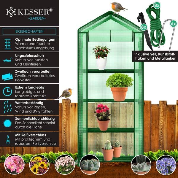 KESSER® Serre en Aluminium avec 4 étagères de qualité supérieure 69 x 50 x 158 cm Serre à tomates - Serre à 4 étagères - Serre Peu encombrante et de qualité supérieure pour Balcon - Serre de Jardin Grün