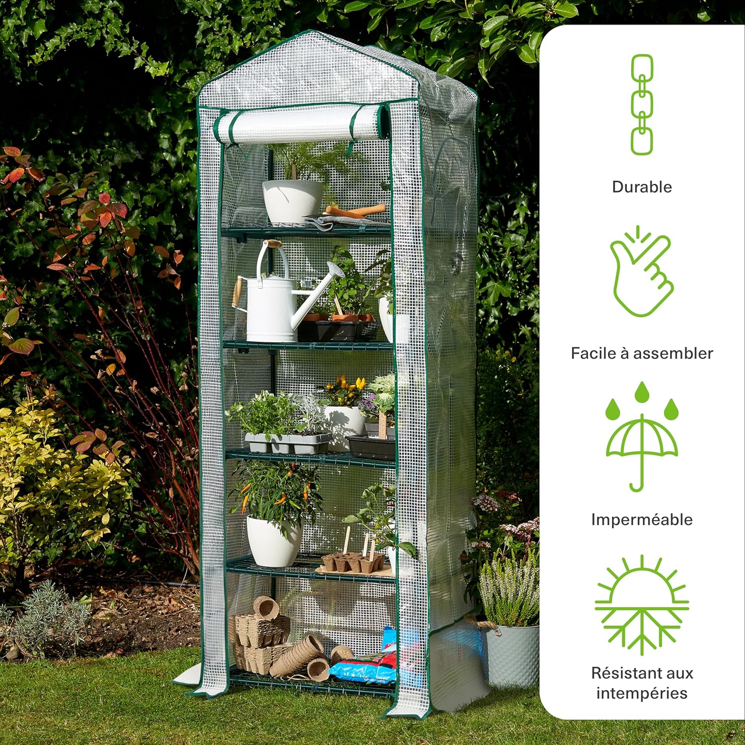 Serre de Jardin pour Balcon, Intérieur & Extérieur avec 5 Étagères (10kg Poids Max par Étagère), Châssis en Acier & Bâche en PVC Renforcée Résistante - Solide & Facile à Monter - 193x69x49cm 5 niveaux