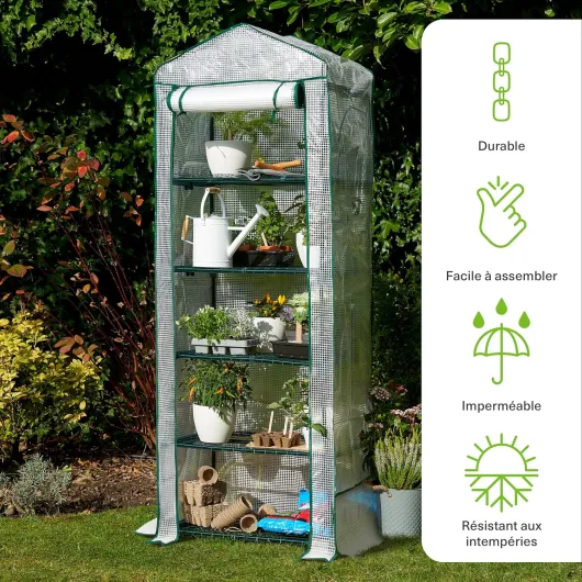 Serre de Jardin pour Balcon, Intérieur & Extérieur avec 5 Étagères (10kg Poids Max par Étagère), Châssis en Acier & Bâche en PVC Renforcée Résistante - Solide & Facile à Monter - 193x69x49cm 5 niveaux