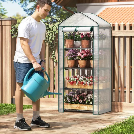 Serre de Jardin avec Étagères Métalliques à 4 Niveaux, Petite Serre Hivernage en Bâche PE Imperméable, pour Plantes Fleurs Légumes Semis, 69x49x158cm, Blanc 69x49x158cm Blanc