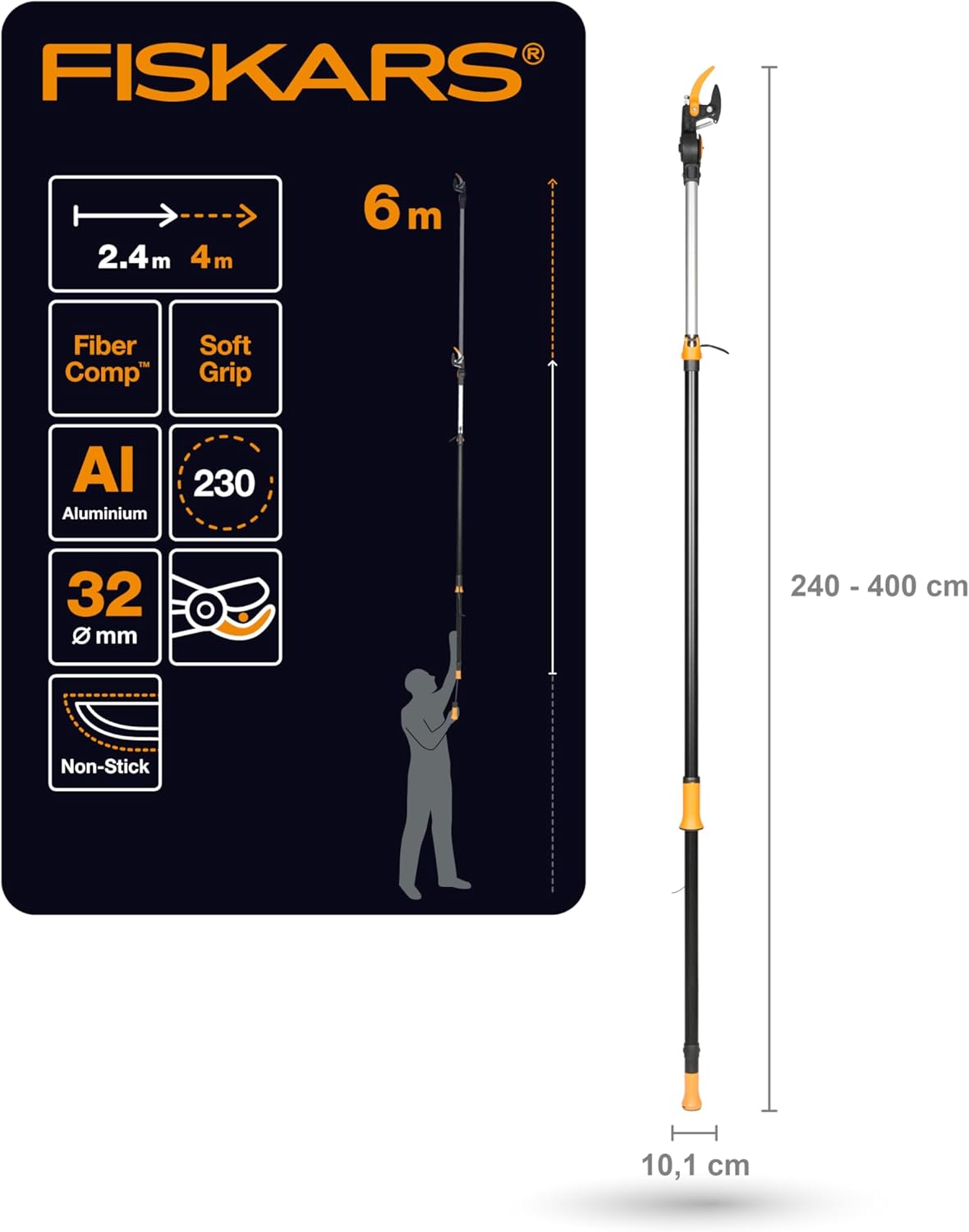 Coupe-Branches Multifonctions Télescopique, pour Bois vert et Rameaux, Revêtement antiadhésif, Lame en acier/manche en aluminium, longueur 2,4 - 4 m, noir/orange, UPX86, 1023624