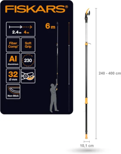 Coupe-Branches Multifonctions Télescopique, pour Bois vert et Rameaux, Revêtement antiadhésif, Lame en acier/manche en aluminium, longueur 2,4 - 4 m, noir/orange, UPX86, 1023624