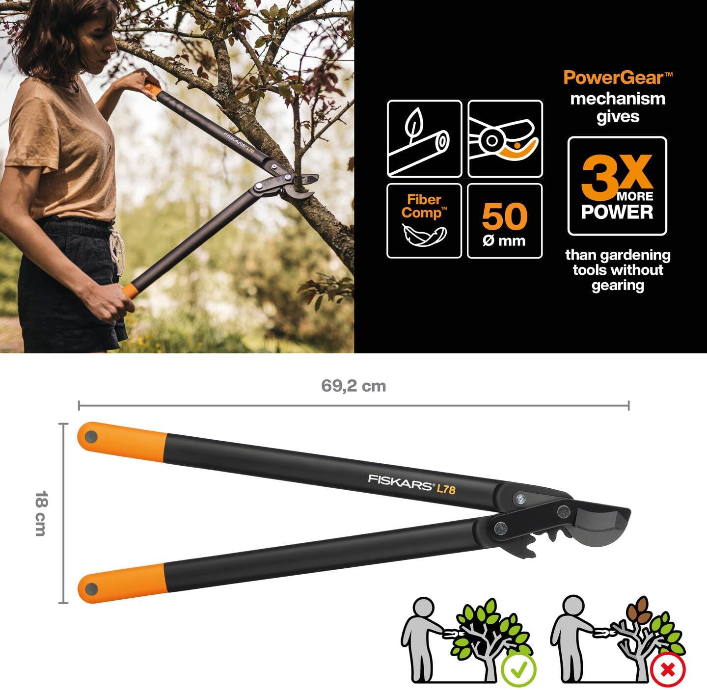 Coupe-branches à lames franches pour bois vert, Système à crémaillère PowerGear II, Revêtement antiadhésif, Diamètre de coupe: 5 cm, Acier trempé, Longueur: 70 cm, Noir/Orange, L78, 1000584 L78 (Ø 5 cm)