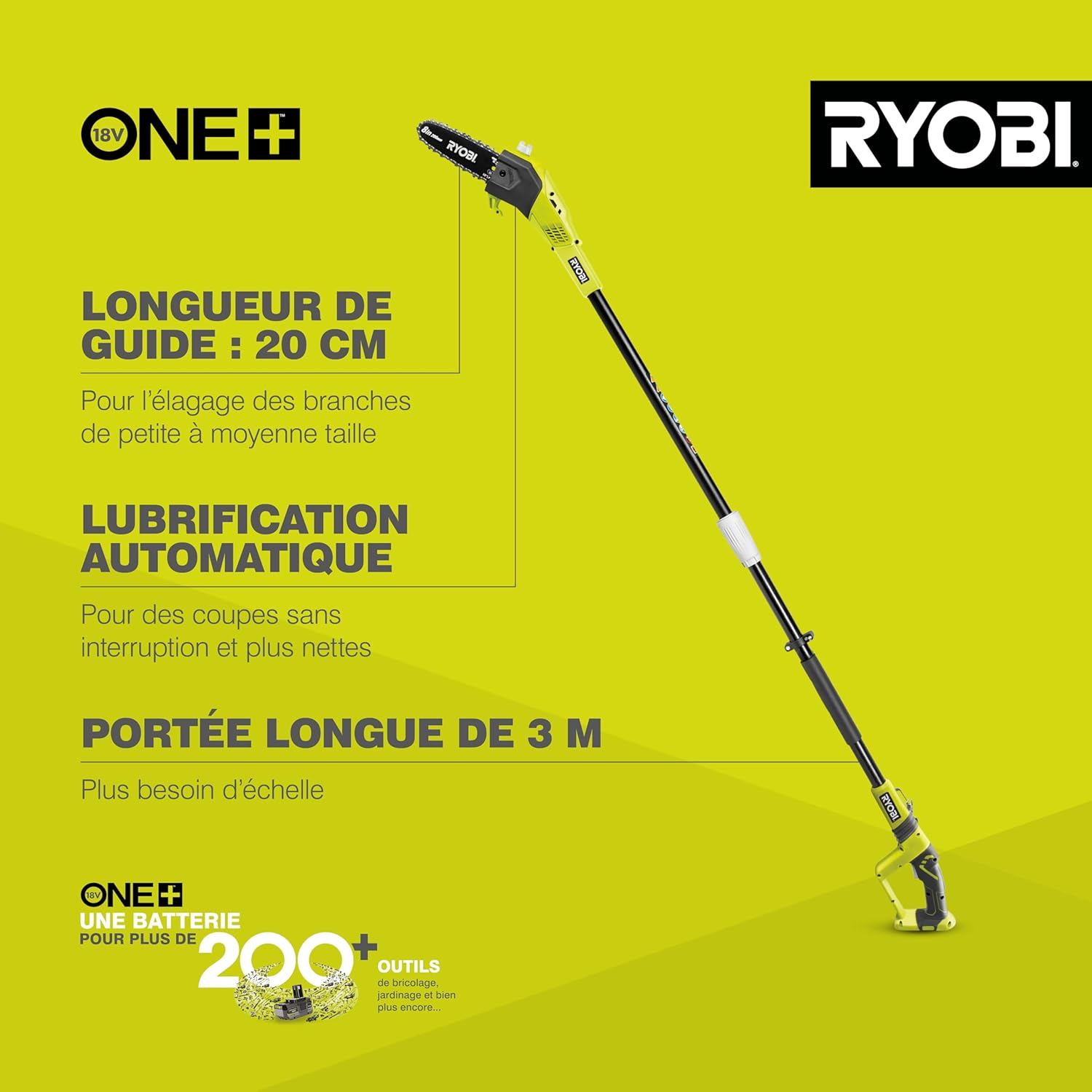 Élagueur sur Perche 18V ONE+ OPP1820 – Lame 20 cm, Manche Télescopique jusqu’à 3 m, Lubrification Auto – Taille Sûre des Branches Hautes – Batterie Non Incluse 20 cm - Sans batterie