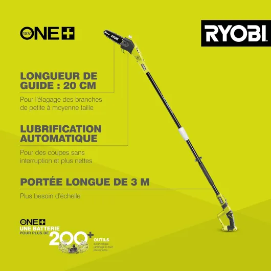 Élagueur sur Perche 18V ONE+ OPP1820 – Lame 20 cm, Manche Télescopique jusqu’à 3 m, Lubrification Auto – Taille Sûre des Branches Hautes – Batterie Non Incluse 20 cm - Sans batterie