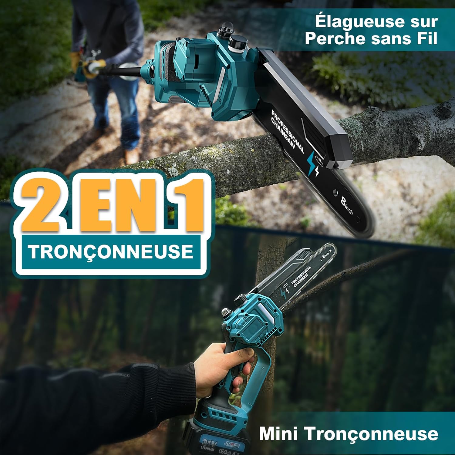 2-en-1 8 Pouces Tronçonneuse Télescopique & Mini Tronçonneuse, Tondeuse Electrique Sans Balais avec 2 Batteries de 4000 mAh, Moteur Brushless, Extension jusqu'à 4.5M 2-IN-1 PowerCut X9