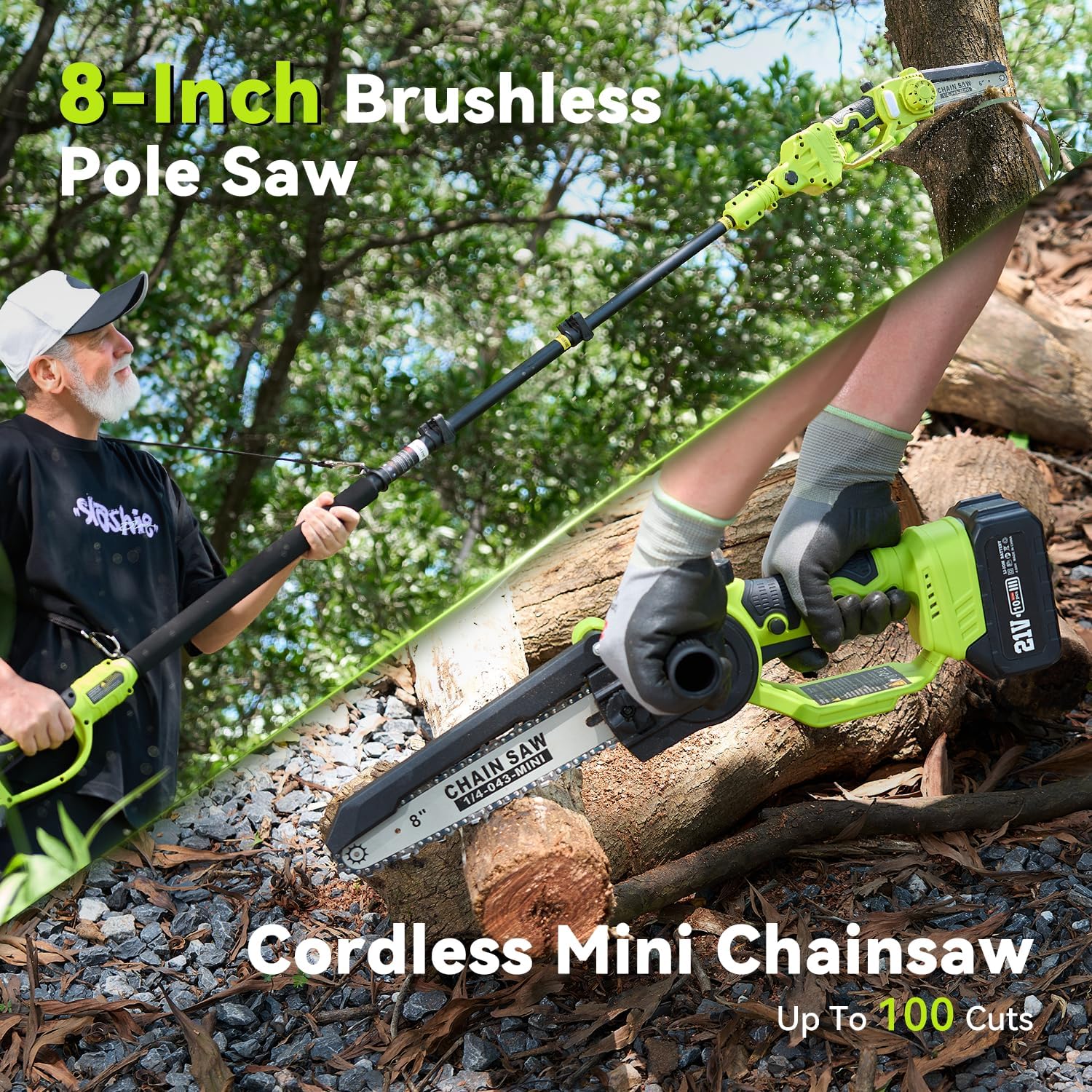 Mini Tronconneuse a Batterie & Elagueuse sur Perche 8 Pouces, Dual 4000 mAh, Portée maximale 4,8 mètres, Moteur Brushless 800W, Tronçonneuse Télescopique pour Branches et Jardin, S5 Sky