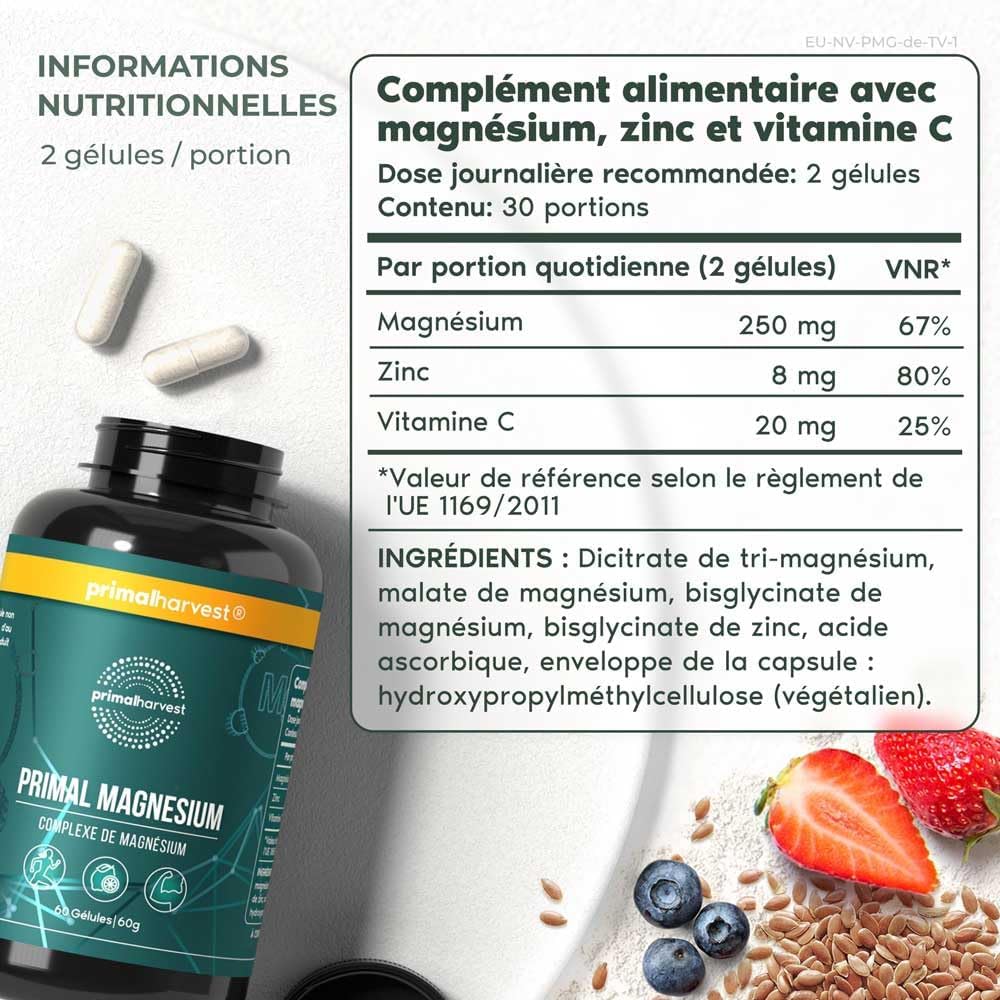 Primal Magnesium par Primal Harvest - Complexe de supplément de magnésium avec Malate de Magnésium, Biglycinate, Dicitrate Tri-Magnésium, Zinc et Vitamine C, 60 Capsules (1 Pack (60 Count)) 60 unité (Lot de 1)