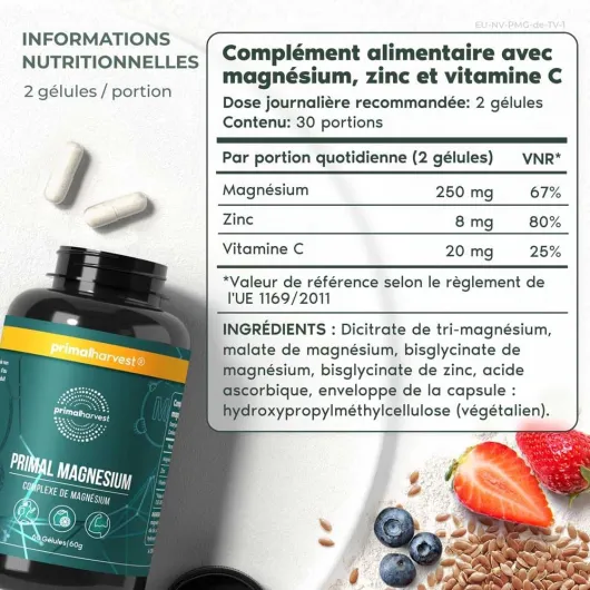 Primal Magnesium par Primal Harvest - Complexe de supplément de magnésium avec Malate de Magnésium, Biglycinate, Dicitrate Tri-Magnésium, Zinc et Vitamine C, 60 Capsules (1 Pack (60 Count)) 60 unité (Lot de 1)