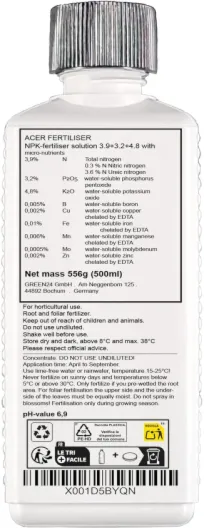 GREEN24 Engrais pour érable, érable du Japon, Acer palmatum « dissectum Garnet » engrais liquide érable palmé engrais complet NPK HIGHTECH 500ml