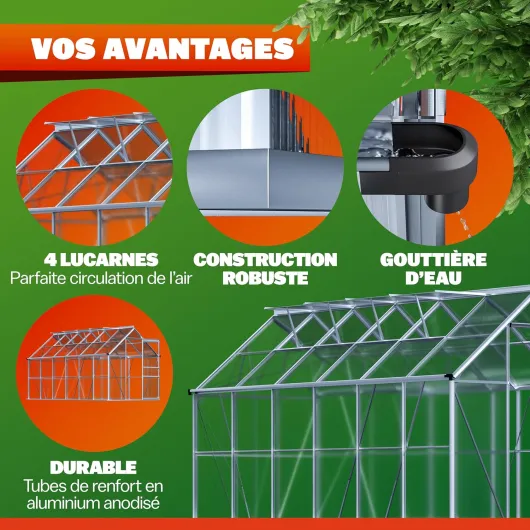 ® Serre de Jardin en Aluminium et Polycarbonate sans Fondation 7,2m² 380x190cm 4 lucarnes Serre extérieure Structure Stable Serre Potager Tomate 380 x 190 x 195 cm - 7,2 m²